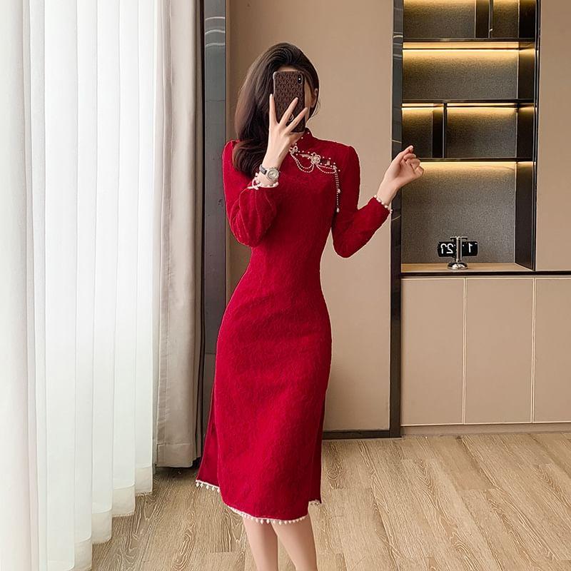 Long Sleeve Mandarin Collar Faux Pearl Trim Cutout Slit Midi Sheath Dress Product Image