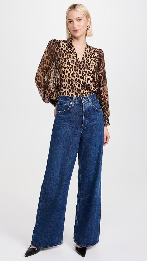 alice + olivia Ilan Pleated Blouson Sleeve Button Blouse | Shopbop Product Image