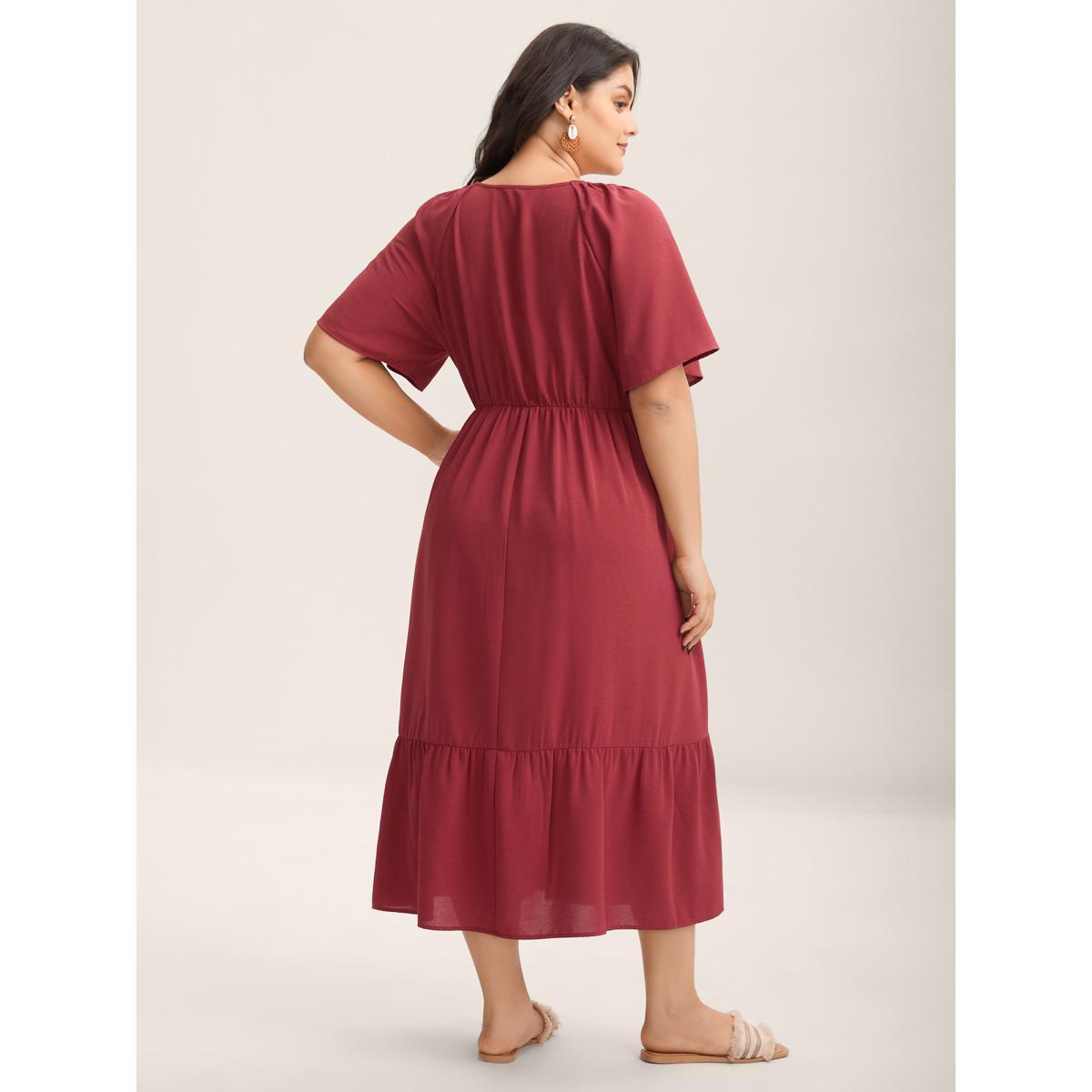 Plus Size Floral Embroidery Solid Tiered Midi Dress Russet Women Square Neck Short sleeve Curvy BloomChic 22-24/3X Product Image
