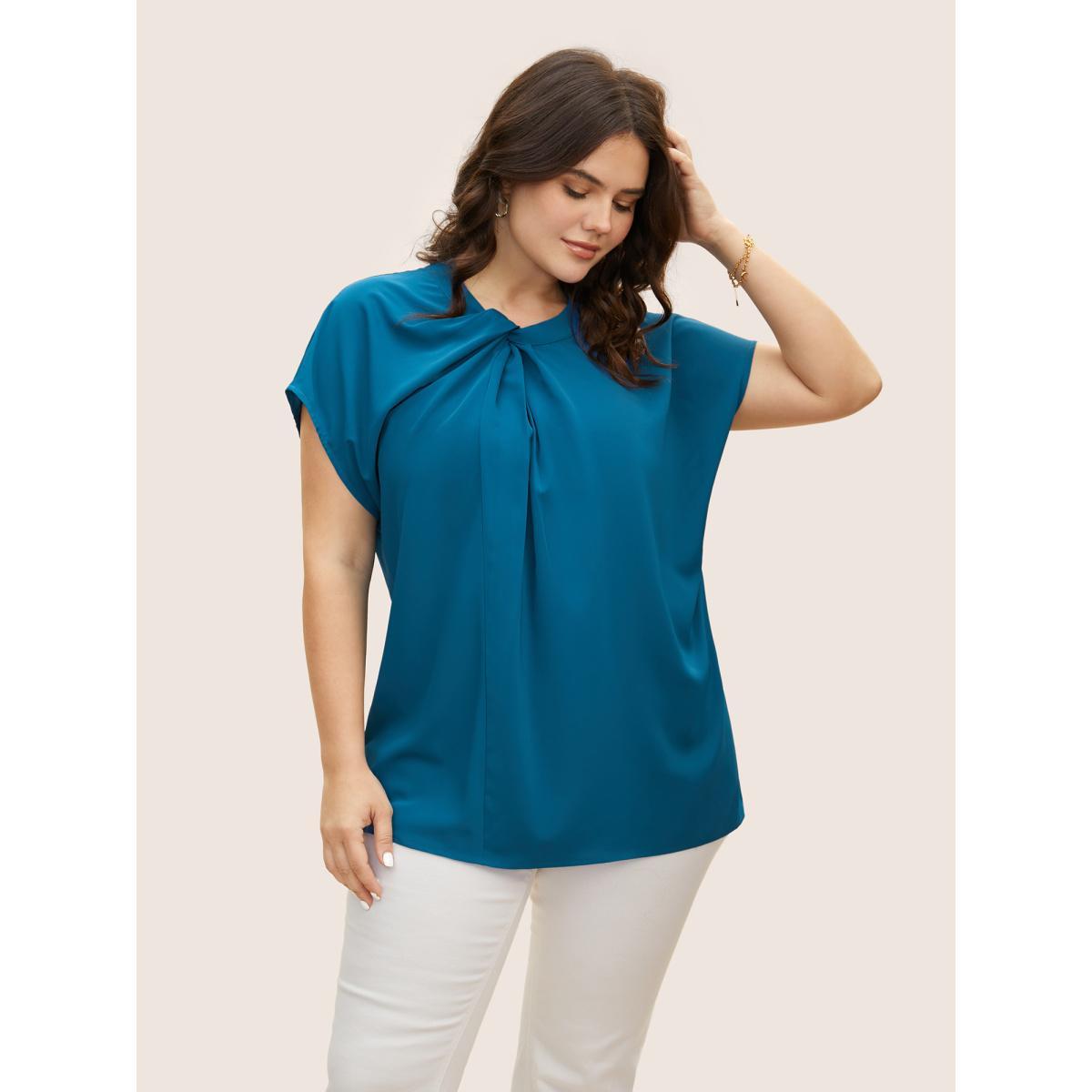 Plus Size Mediumblue Twist Front Pleated Dolman Sleeve Blouse Women At the Office Short sleeve Mock Neck Work Blouses BloomChic 26/4X Product Image