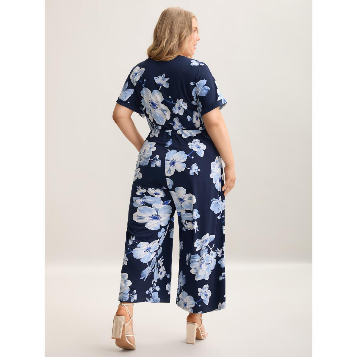 Plus Size DarkBlue Floral Print Knit Surplice Neck Jumpsuit Women Elegant Short sleeve Overlap Collar Everyday-Elegant Loose Jumpsuits BloomChic 22-24/3X Product Image