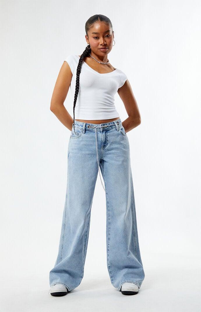 Women's Light Indigo Grommet Low Rise Baggy Jeans Product Image