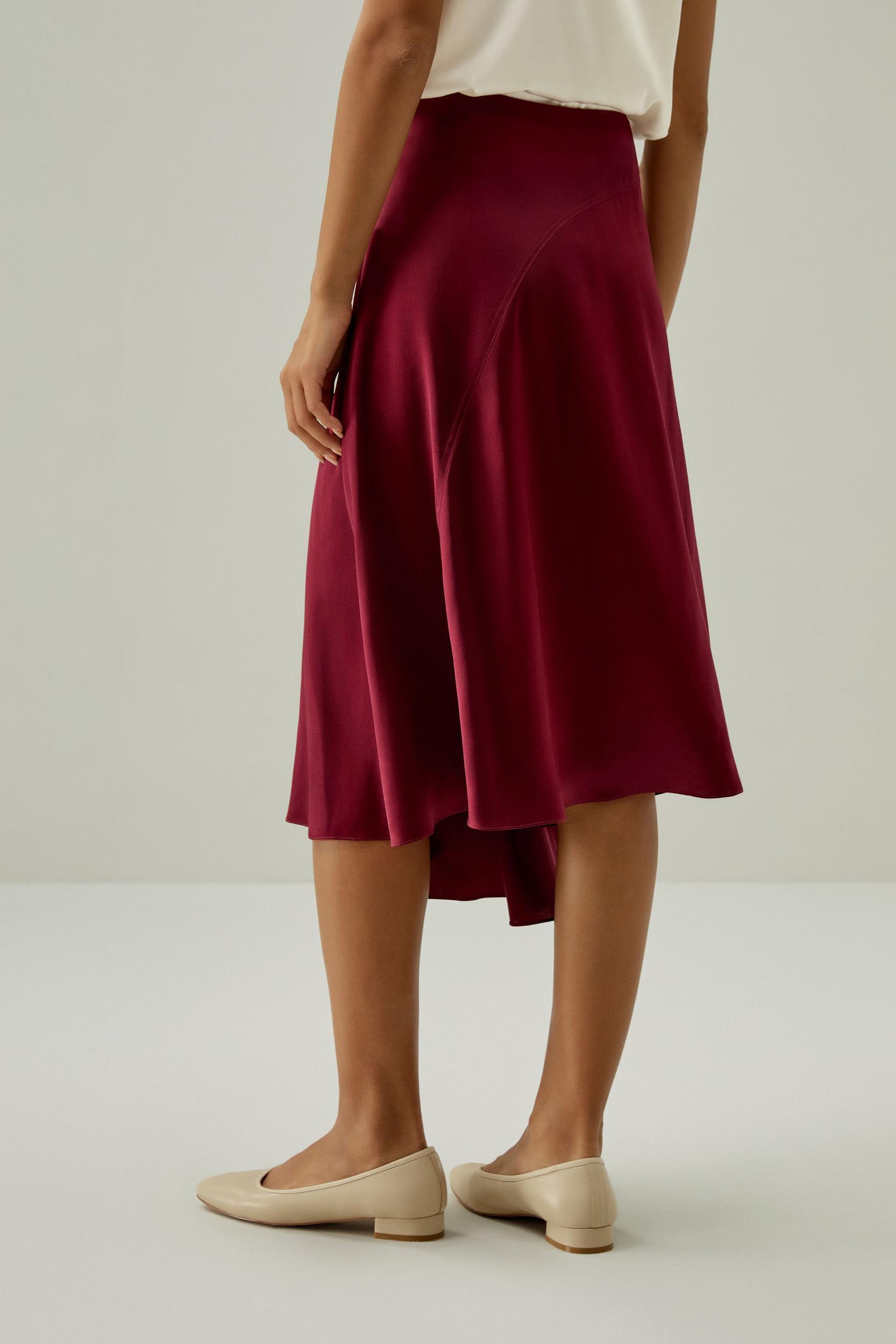 LILYSILK Women's Asymmetrical Silk Skirt, Cherry Red, Size 6, Elegant Flared Hem, Calf-Length, Side Zipper Product Image