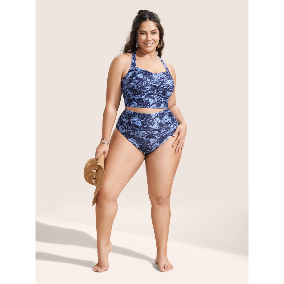 Plus Size Heart Neckline Tropical Print Crossover Swim Top Women's Swimwear Indigo Beach Twist High stretch Bodycon Heart neckline Curve Swim Tops BloomChic 30/6X Product Image