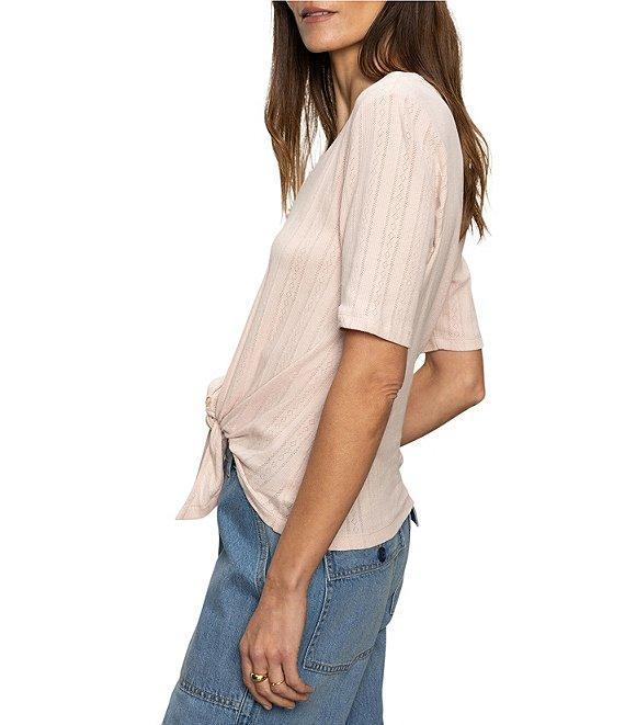 Sanctuary Pointelle V-Neck Short Sleeve Button Front Top Product Image