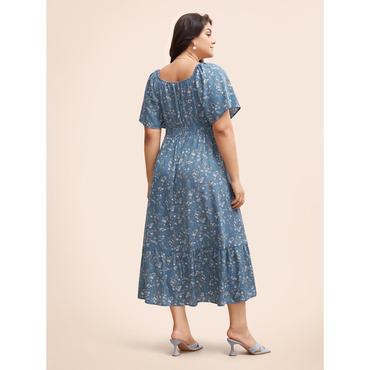Plus Size Ditsy Floral Pocket Square Neck Shirred Ruffles Dress Stone Women Elegant Non Square Neck Short sleeve Curvy Midi Dress BloomChic 30/6X Product Image