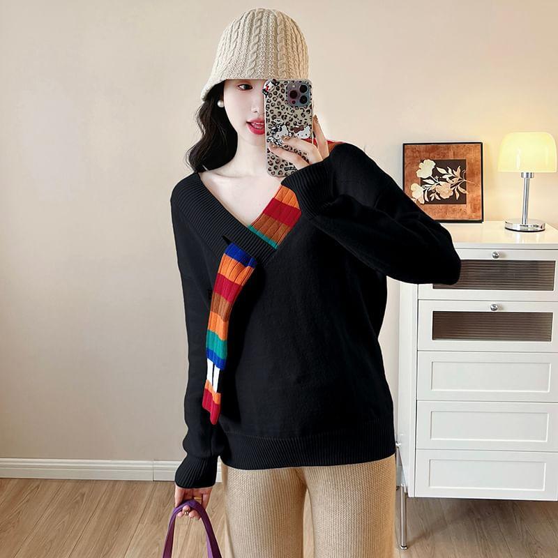 Maternity V-Neck Plain Striped Panel Sweater Product Image