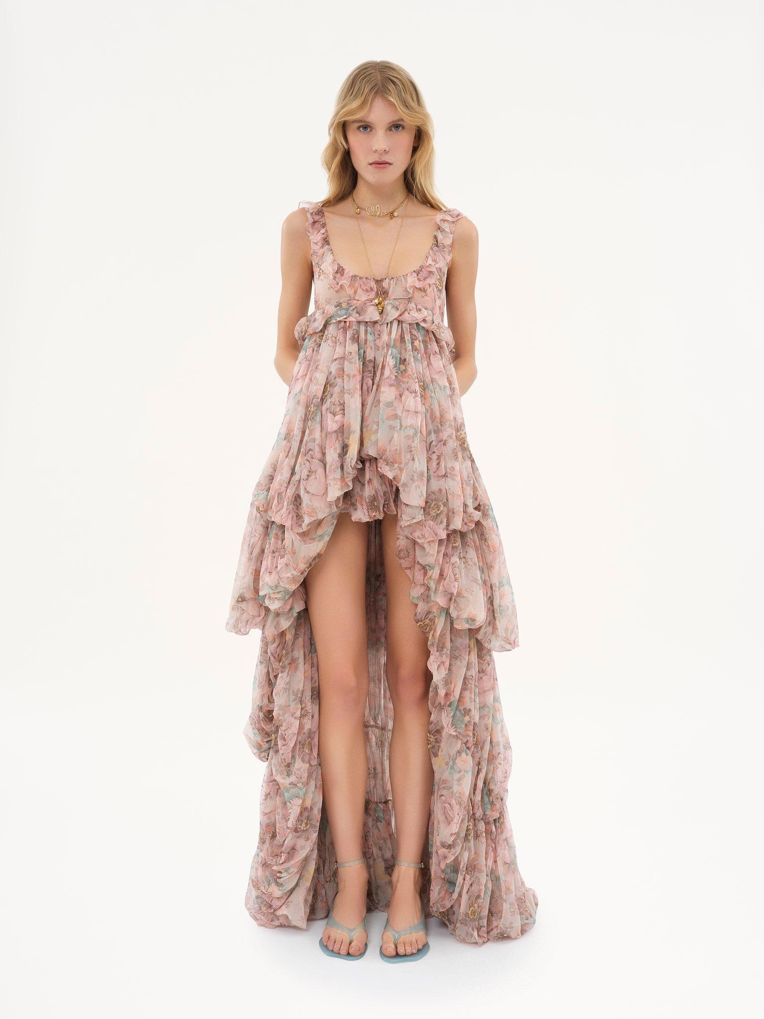 High-low ruffled dress in silk mousseline Product Image