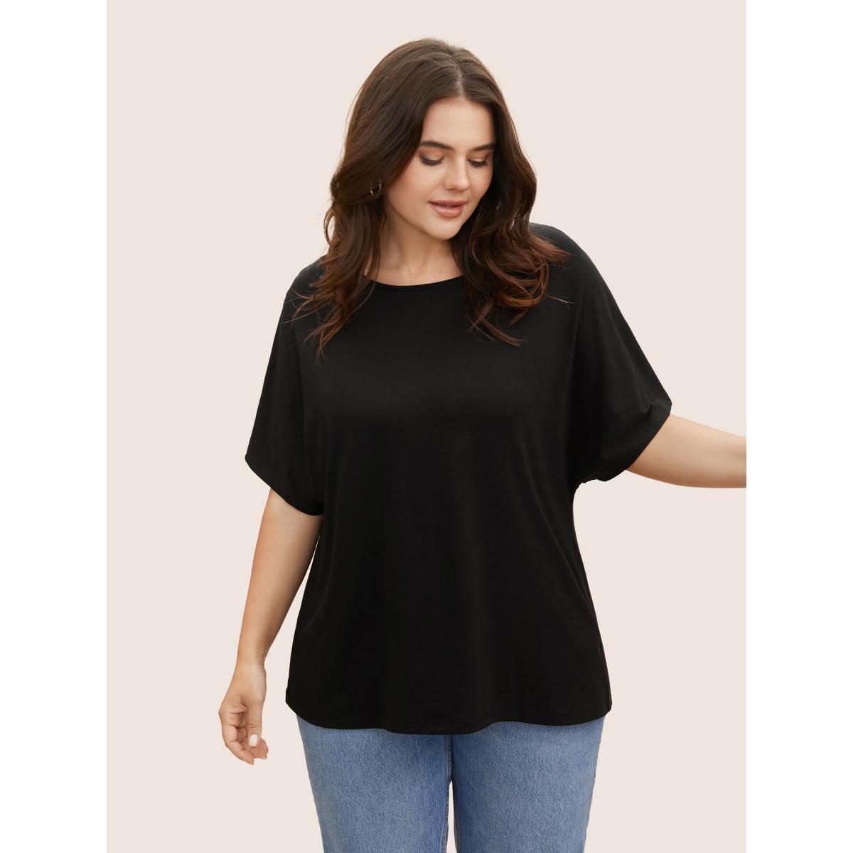 Plus Size Solid Crew Neck Cut Out Patchwork T-shirt Black Women Elegant Patchwork Round Neck Everyday T-shirts BloomChic 12/L Product Image