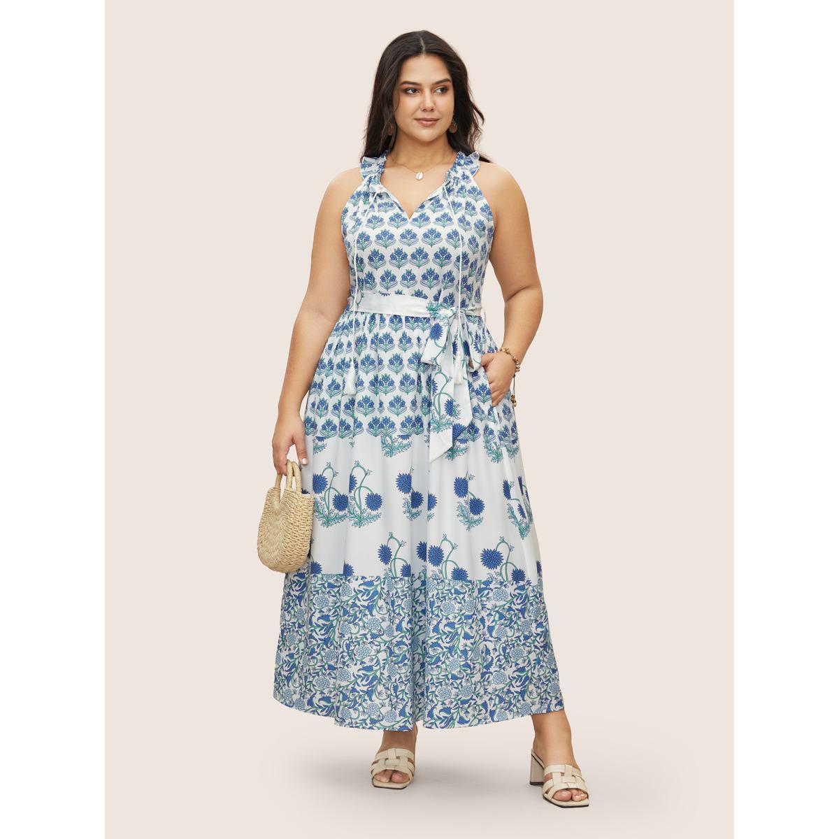 Plus Size Boho Print Notched Collar Tassel Sleeveless Dress Blue Women Resort Tie knot Notched collar Sleeveless Curvy Midi Dress BloomChic 28/5X Product Image