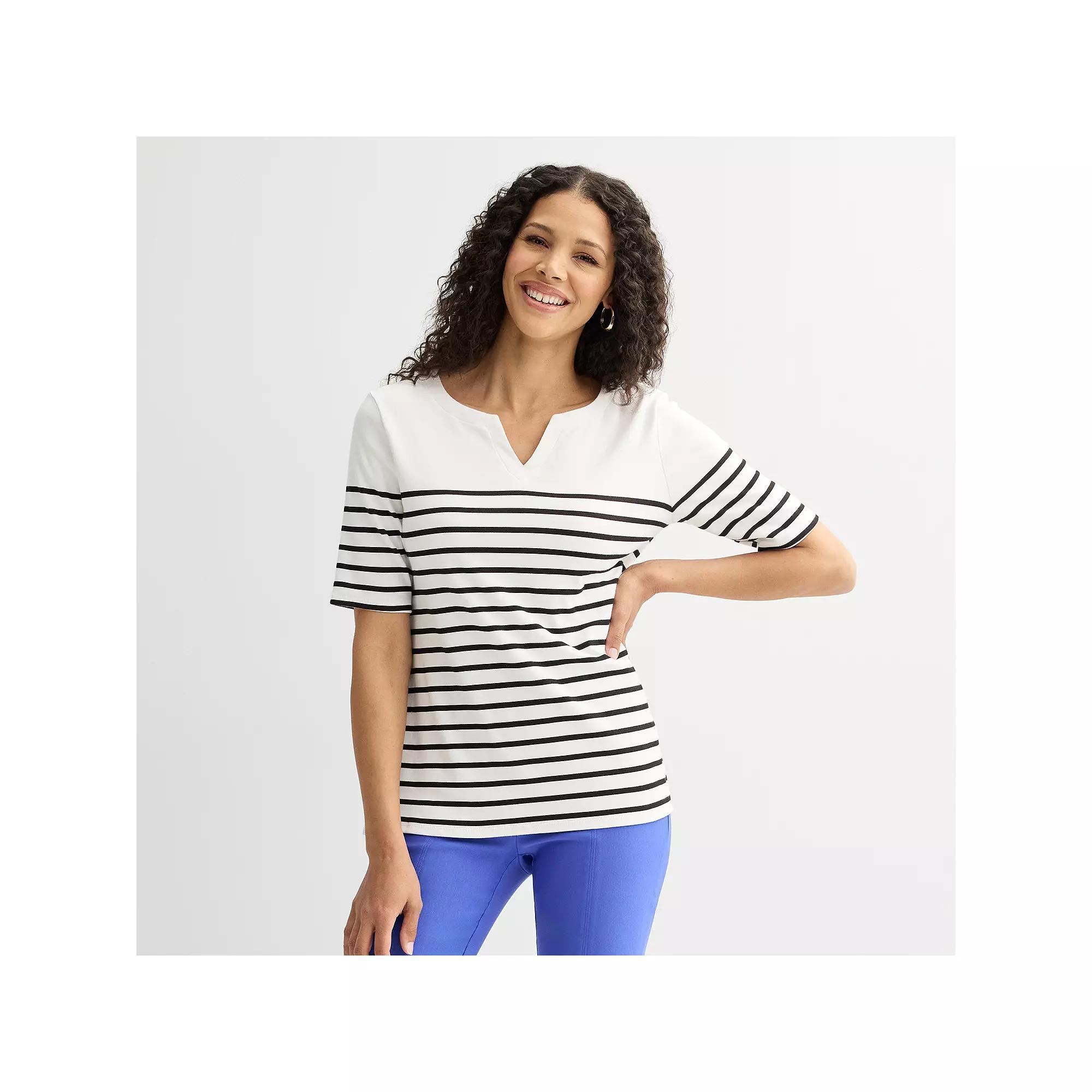 Women's Croft & Barrow® Elbow-Sleeve Splitneck Top, Size: Medium, Wht Black Placed Stripe Product Image