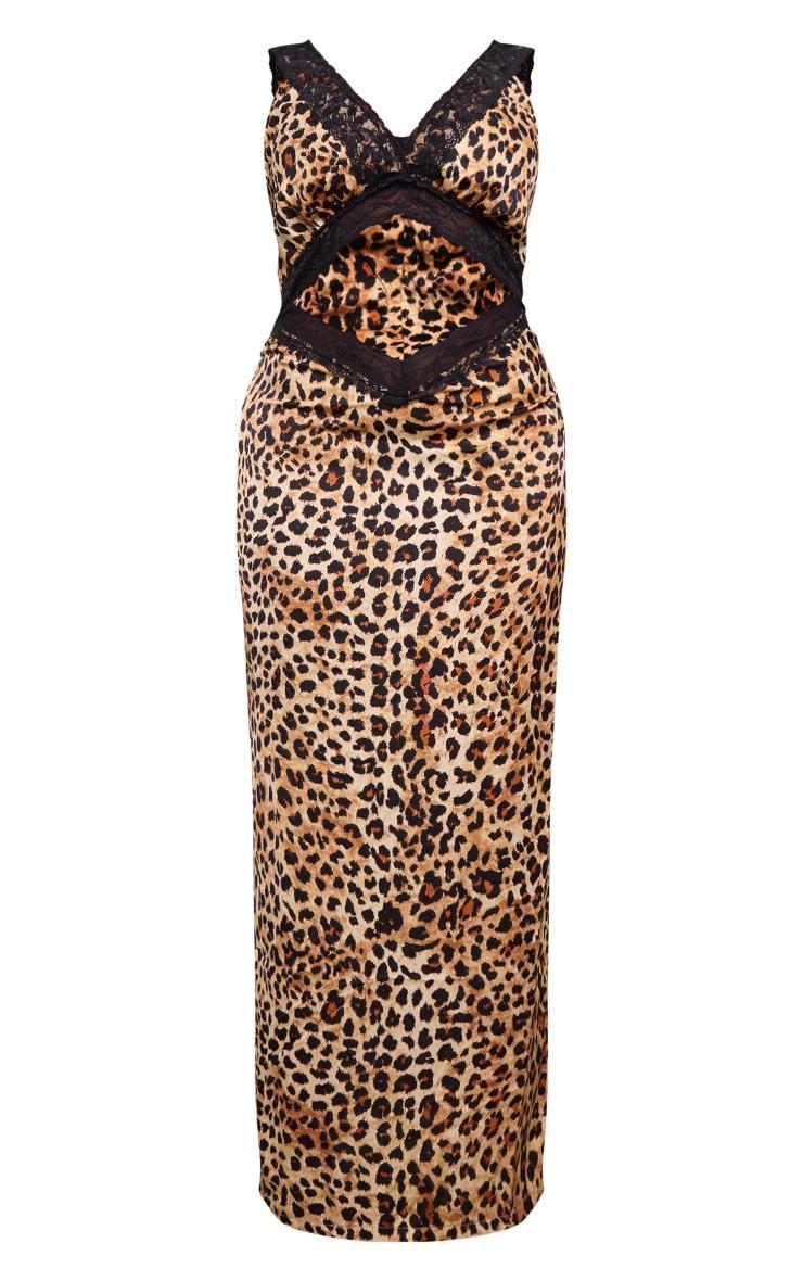 Plus Leopard Print Satin Lace Detail Cut Out Maxi Dress Product Image