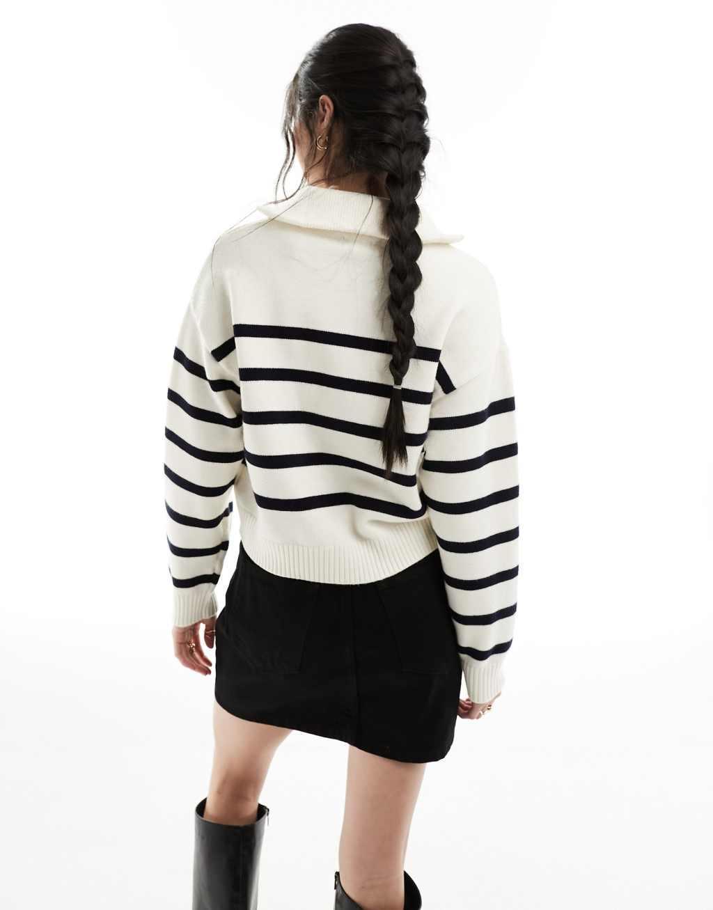 Cotton On lightweight half zip knit sweater in ecru navy stripe  Product Image