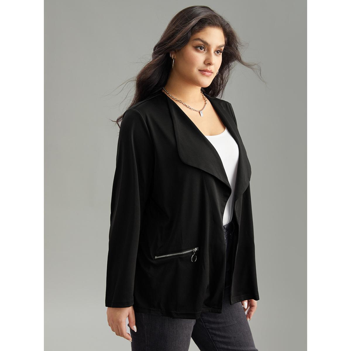 Plus Size Lapel Collar Zipper Pocket Blazer Black Women Dailywear Zipper Sleeve Long Sleeve Non 28/5X Pocket Casual Blazers BloomChic Product Image