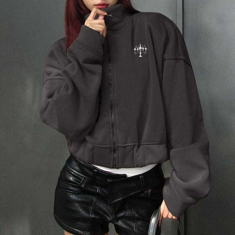 Long Sleeve Mock Neck Embroidered Loose-Fit Zip-Up Pullover Product Image