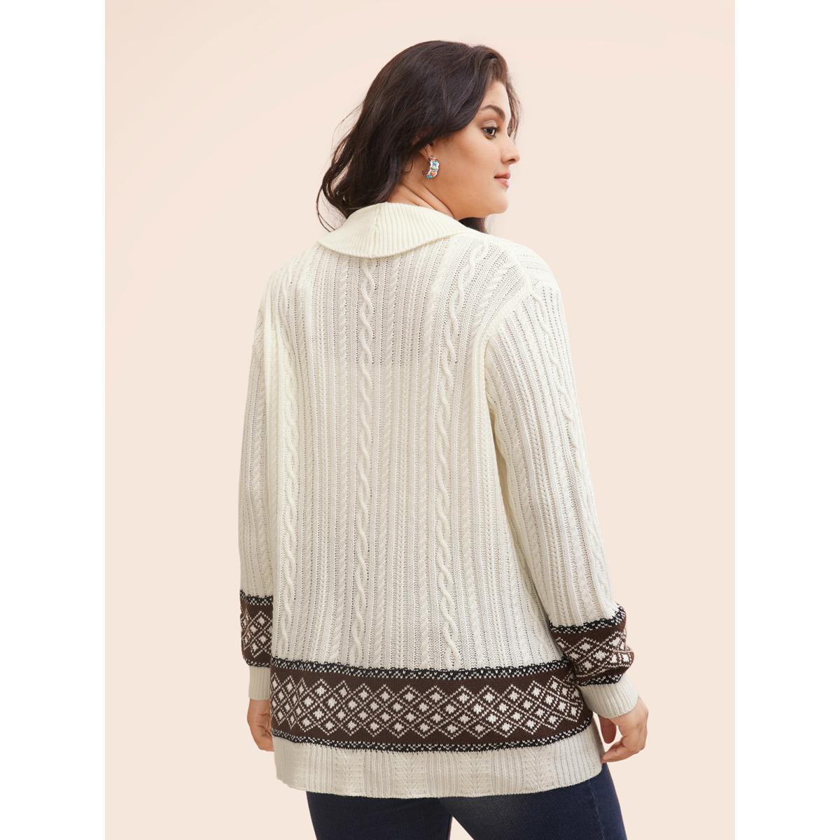 Plus Size Cable Knit Pockets Collared Cardigan Ivory Women Casual Loose Long Sleeve Everyday Cardigans BloomChic 28/5X Product Image