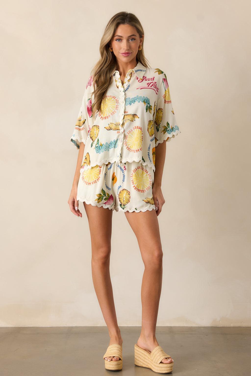 Sunlit Shores Ivory Tropical Fruit Print Shorts Product Image