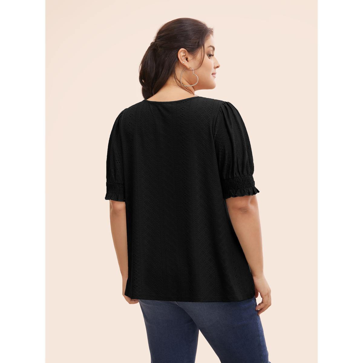 Plus Size Plain Broderie Anglaise Shirred Puff Sleeve Button Detail T-shirt Black Women Casual Button Plain V-neck Everyday T-shirts BloomChic 28/5X Product Image