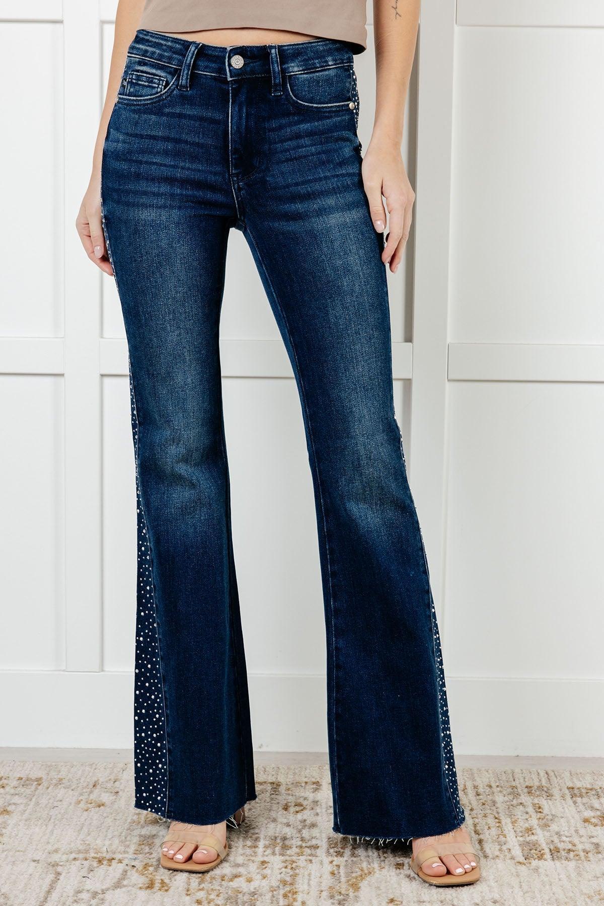 Judy Blue Mid Rise Rhinestone Detail Flare Jeans Product Image