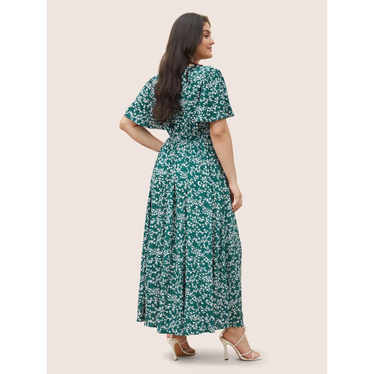 Plus Size Bloom Dress - Flutter Sleeve Ditsy Floral Pocket Split Maxi Dress LightGreen Women Romantic Slit V-neck Half Sleeve Curvy Long Dress BloomChic 10/M Product Image