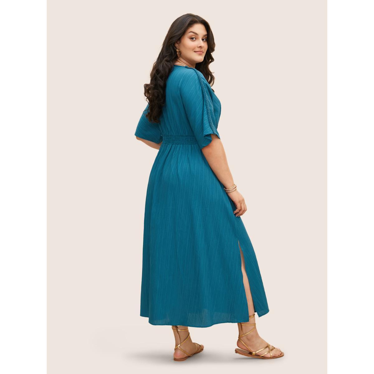 Plus Size V Neck Shirred Contrast Webbing Split Side Dress Aegean Women Boho Texture V-neck Half Sleeve Curvy BloomChic 14-16/1X Product Image