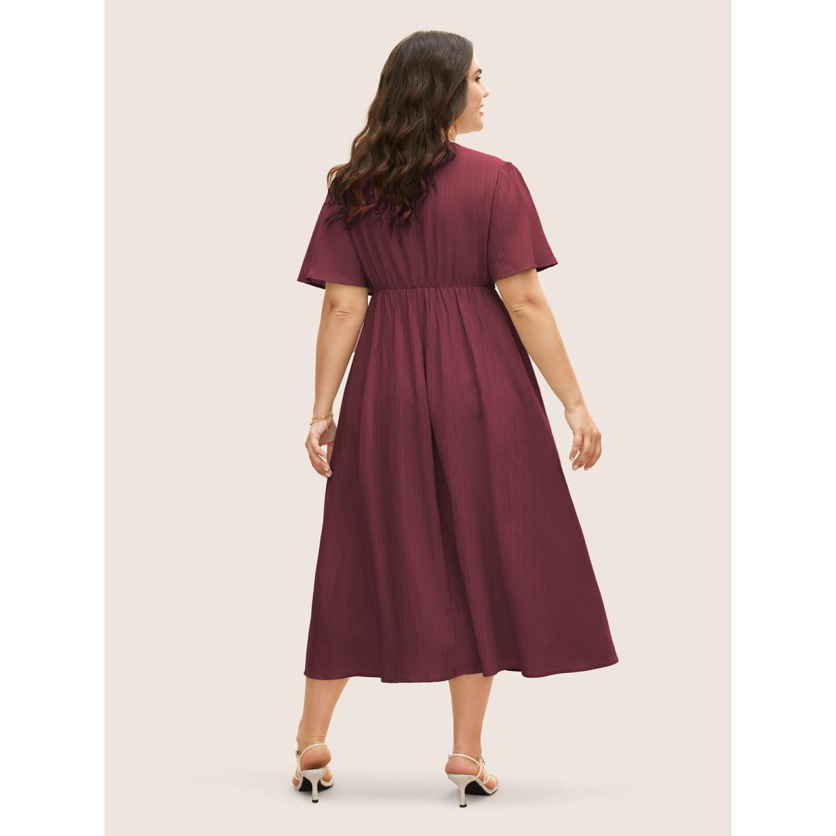 Plus Size V Neck Button Detail Flutter Sleeve Dress Burgundy Women Elegant Texture V-neck Short sleeve Curvy BloomChic 28/5X Product Image