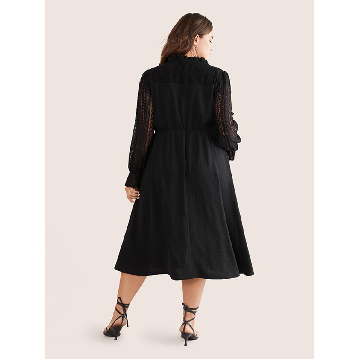 Plus Size Guipure Lace Knot Neck Ruffle Long Sleeve Dress Black Women Elegant Texture Tie Neck Long Sleeve Curvy Midi Dress BloomChic 28/5X Product Image