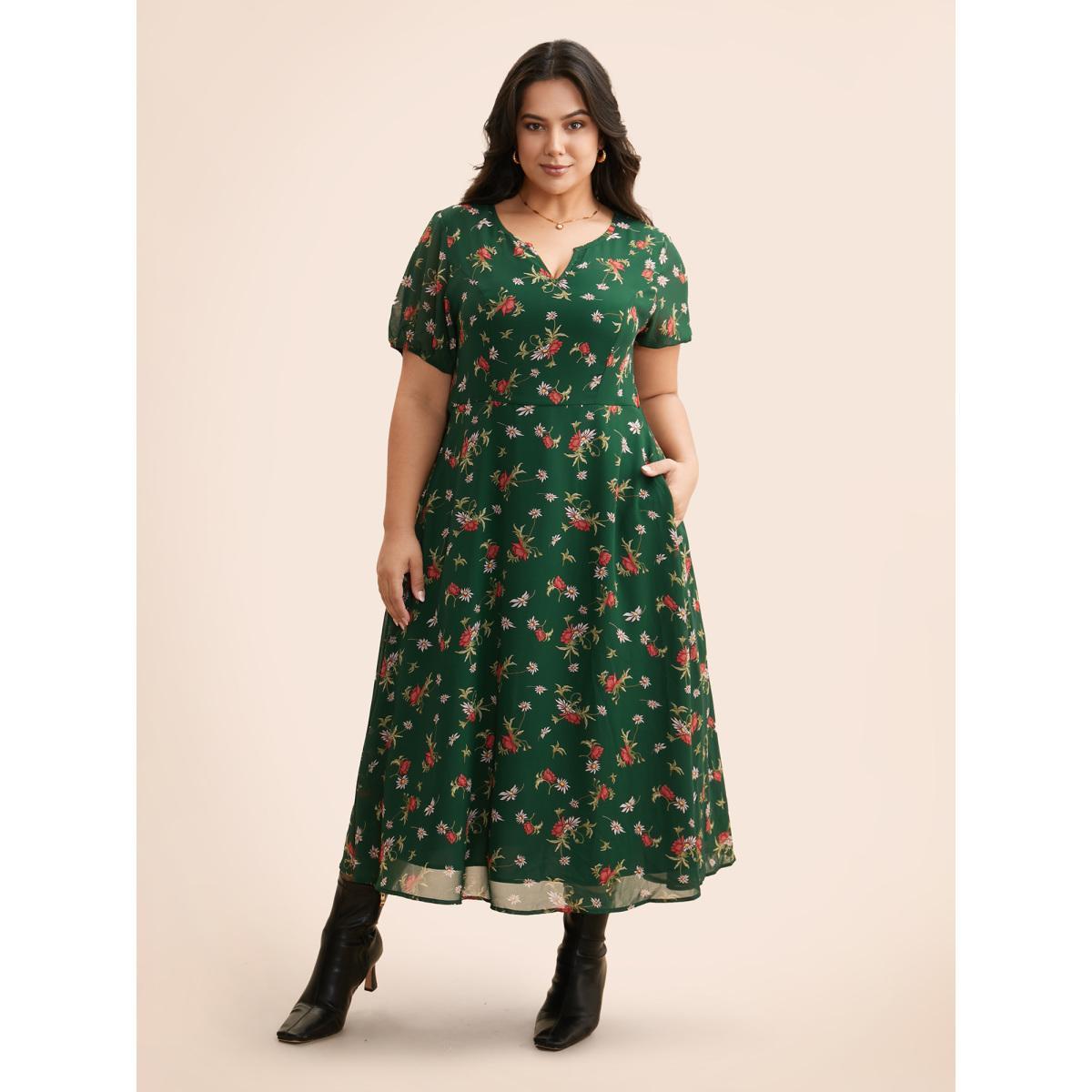 Plus Size Floral Notched Chiffon Mesh Midi Dress DarkGreen Women Timeless See through Notched collar Short sleeve Curvy BloomChic 22-24/3X Product Image