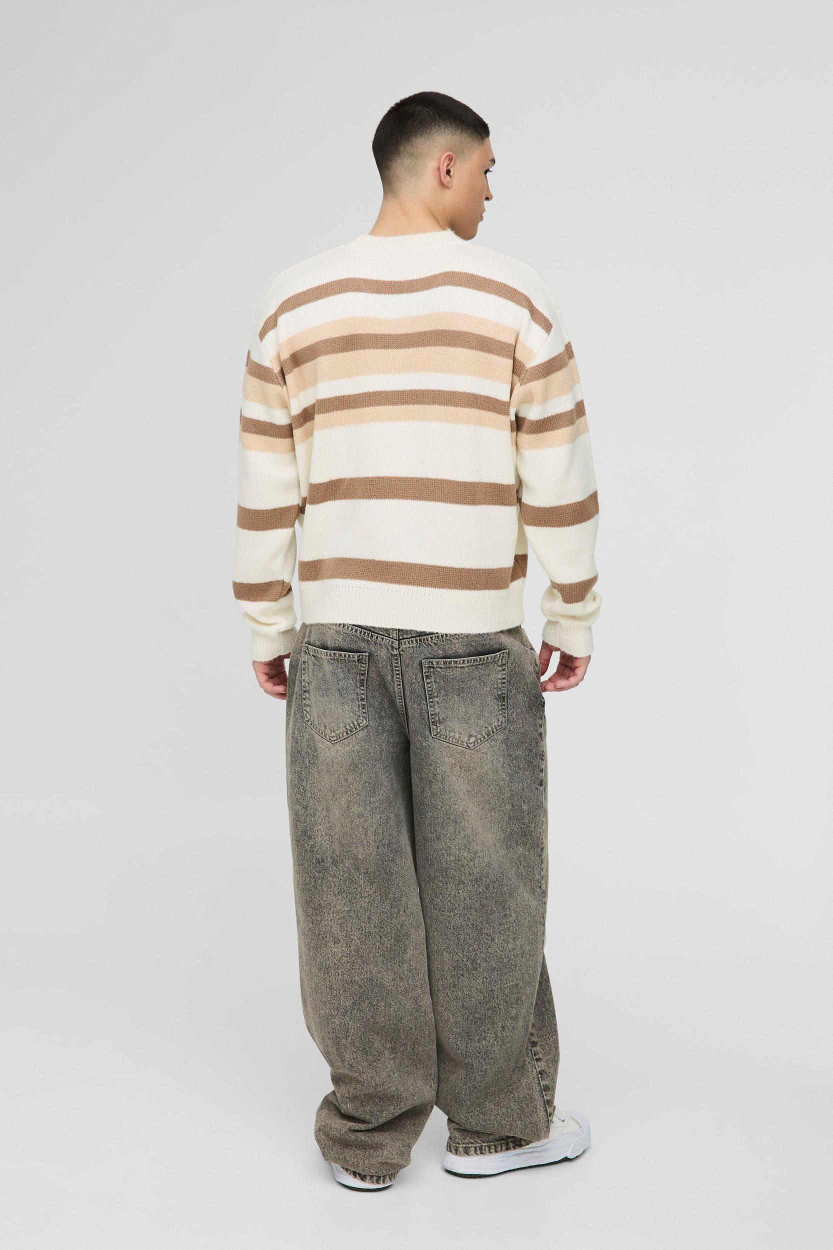 Oversized Boxy V Neck Brushed Stripe Knitted Sweater | boohooMAN USA Product Image