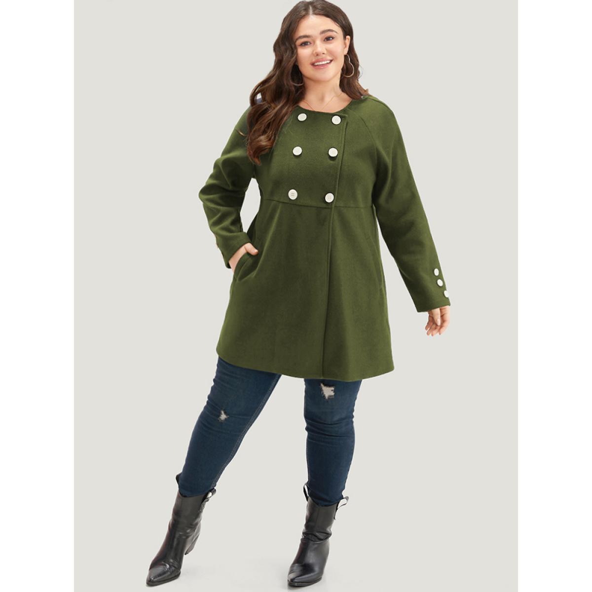 Plus Size Solid Button Detail pocket Coat Women ArmyGreen Casual Plain Ladies Everyday Winter Coats BloomChic 22-24/3X Product Image