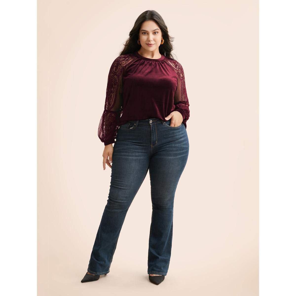 Plus Size Burgundy Lace Patchwork Velvet Raglan Sleeve Blouse Women Elegant Long Sleeve Stand-up collar Everyday Blouses BloomChic 10/M Product Image