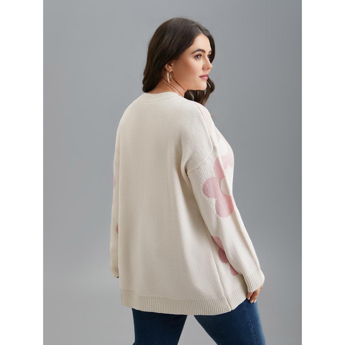 Plus Size Round Neck Floral Pattern Pullover Ivory Women Casual Loose Long Sleeve Round Neck Everyday Pullovers BloomChic 30/6X Product Image