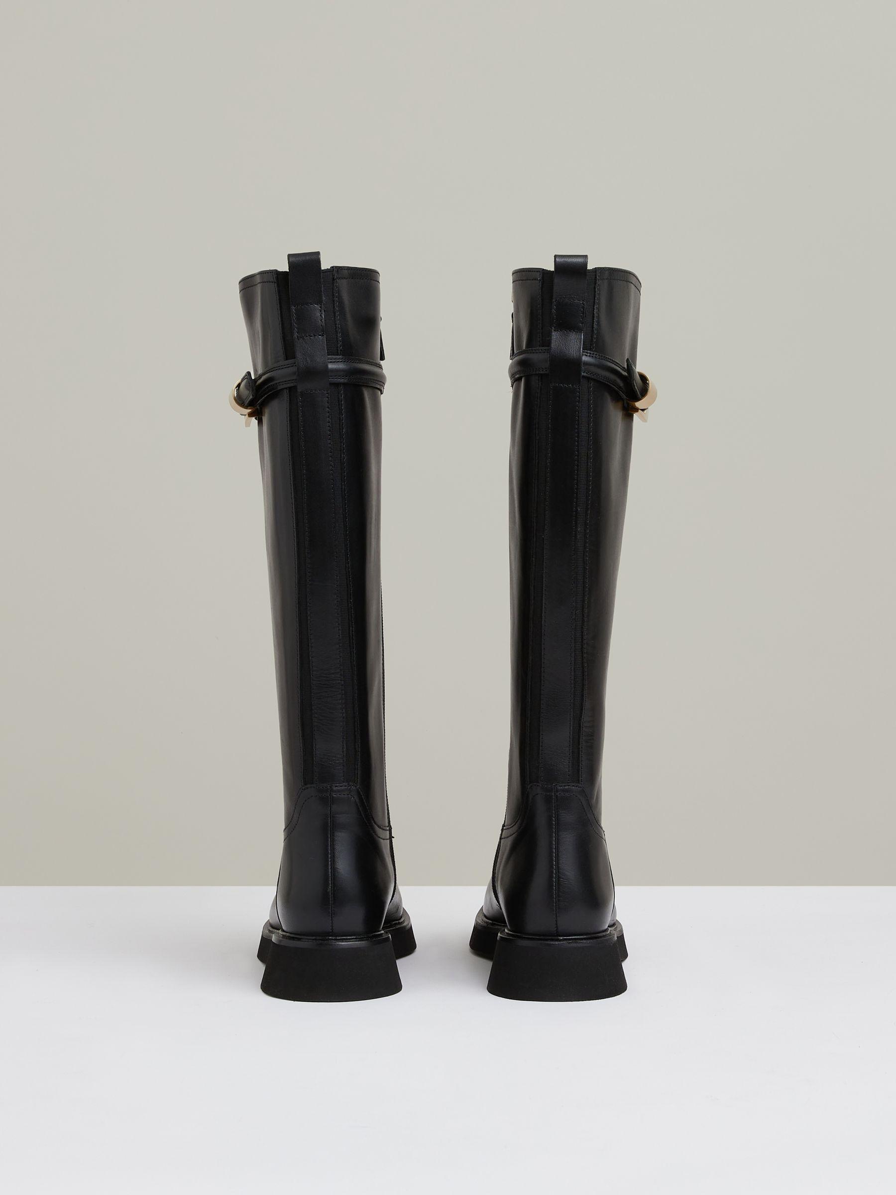 Leather Buckled Knee-High Boots in Black Product Image