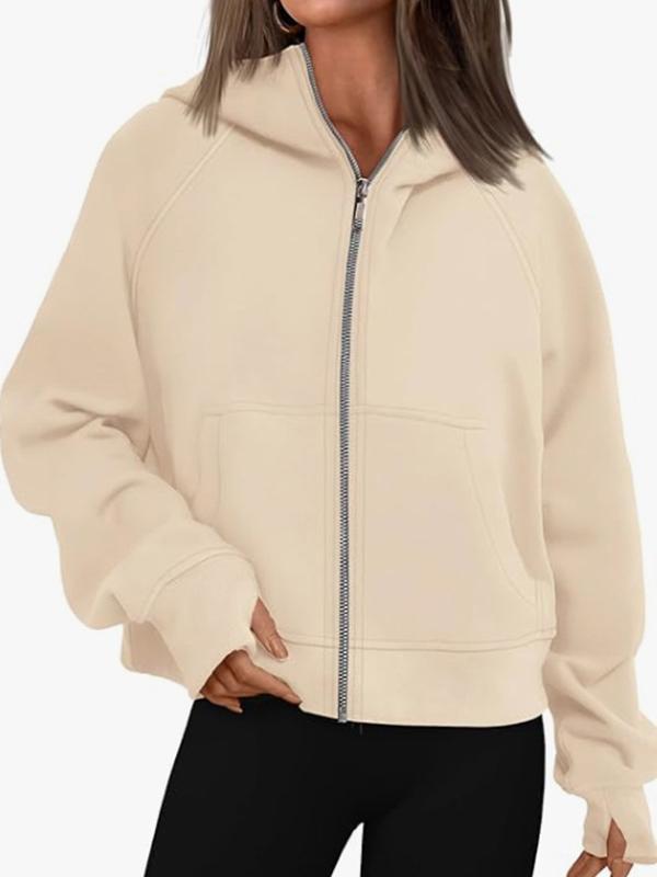 Hooded Long Sleeves Pockets Solid Color Zipper Jackets Outerwear Product Image