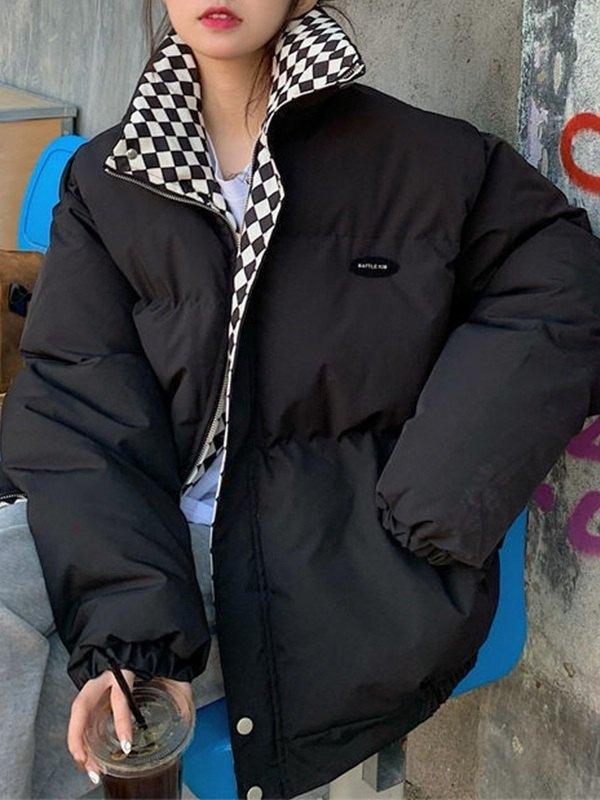 Checkered Collar Zip Up Padded Jacket Product Image