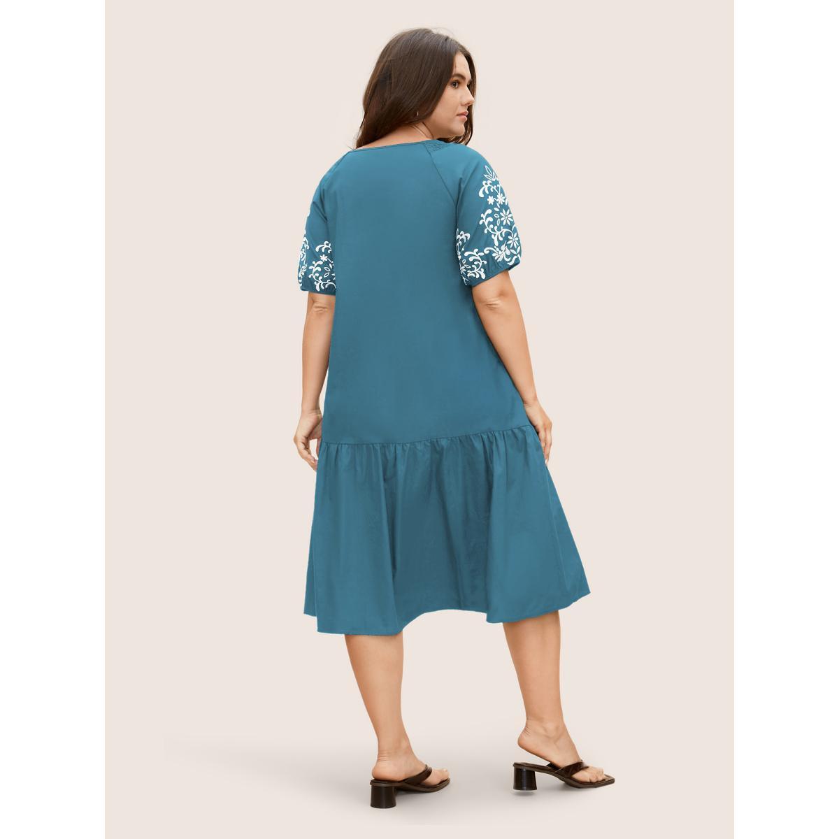 Plus Size Floral Embroidered Keyhole Lantern Sleeve Dress Cerulean Women Casual Gathered Round Neck Half Sleeve Curvy BloomChic 10/M Product Image
