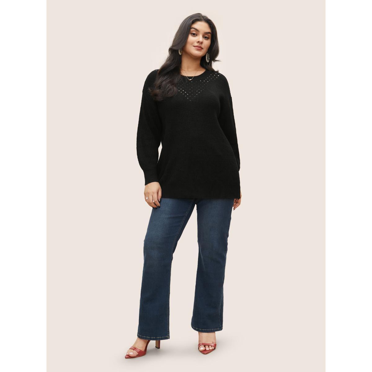 Plus Size Plain Round Neck Hollow Out Drop Shoulder Pullover Black Women Casual Loose Long Sleeve Round Neck Dailywear Pullovers BloomChic 28/5X Product Image