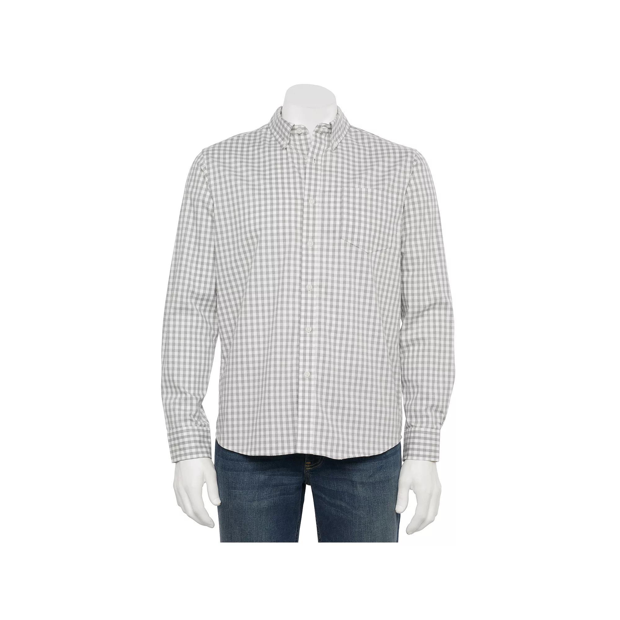 Men's Sonoma Goods For Life® Long Sleeve Slim Fit Perfect Length Button-Down Shirt, Size: XXL SLIM, Grey Gingham Product Image