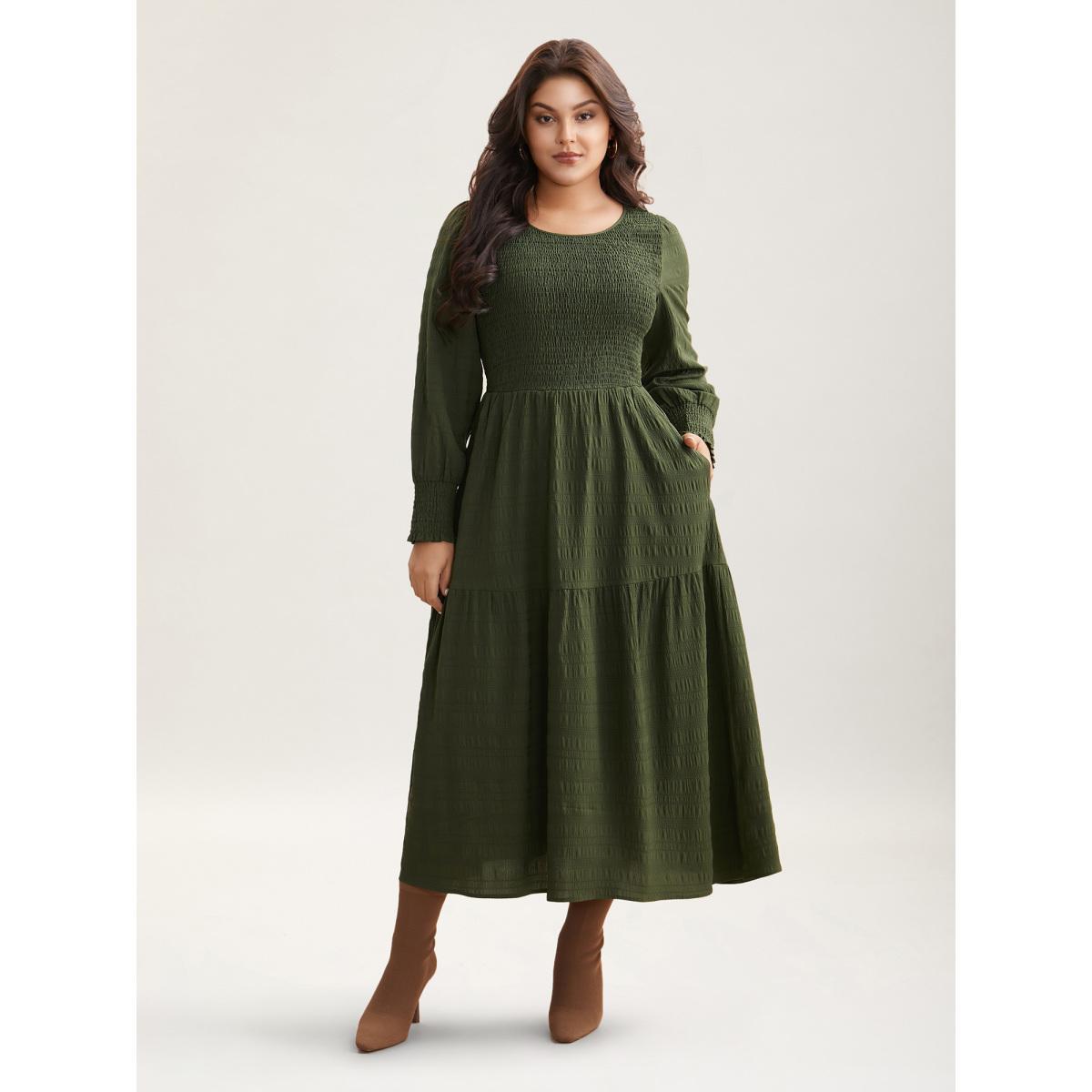 Plus Size Plain Textured Shirred Midi Dress Moss Women Timeless Texture Round Neck Long Sleeve Curvy BloomChic 30/6X Product Image