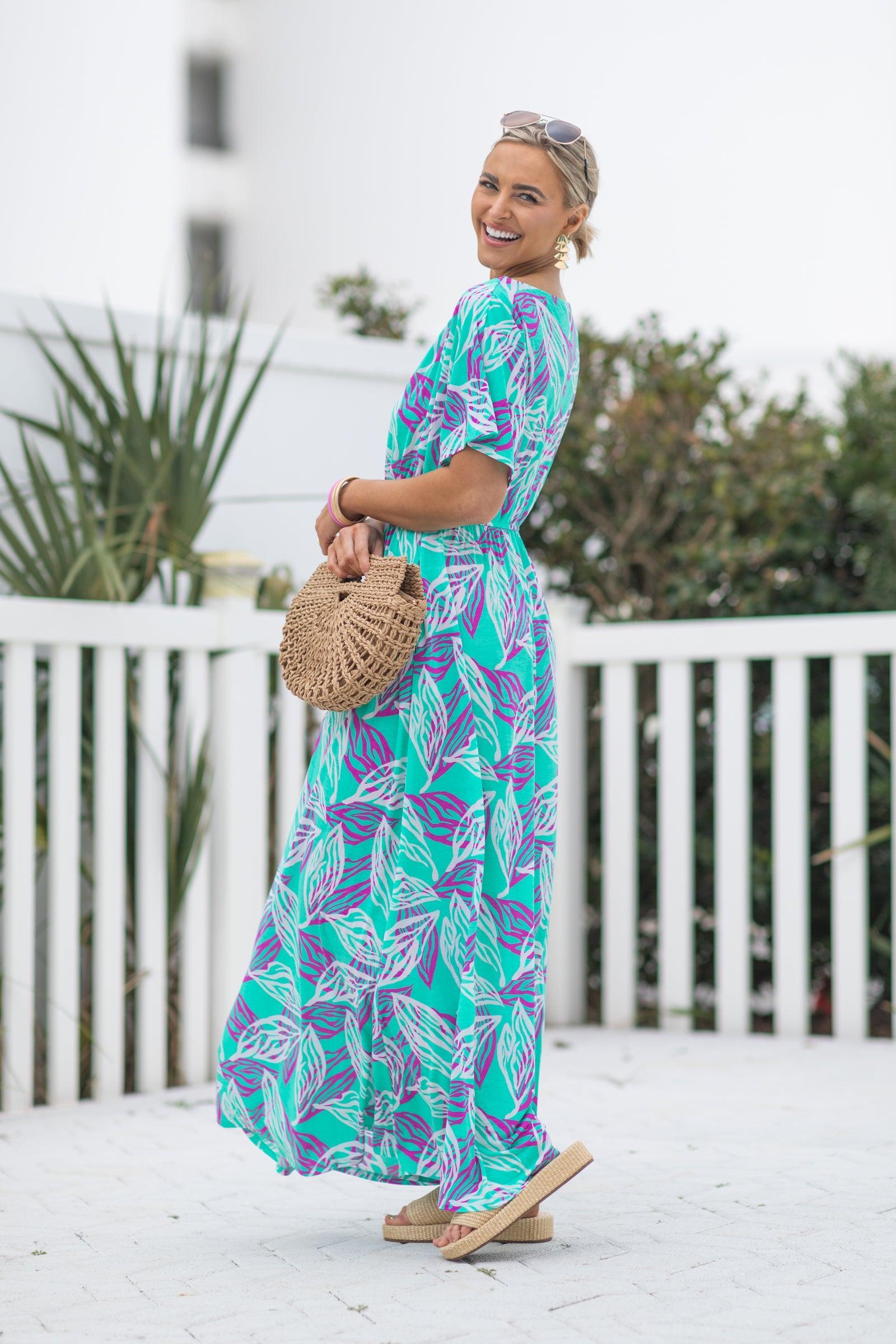 Mint Flower Print Boat Neck Maxi Dress Product Image