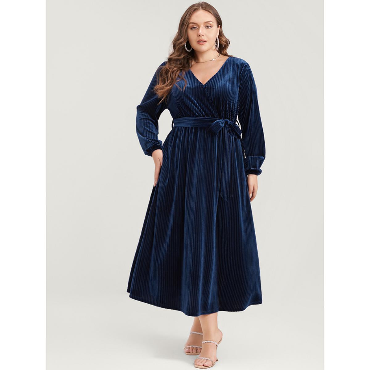Plus Size Striped Velvet Pocket Lantern Sleeve Belted Wrap Dress DarkBlue Women Glamour Pocket V-neck Long Sleeve Curvy Midi Dress BloomChic 22-24/3X Product Image