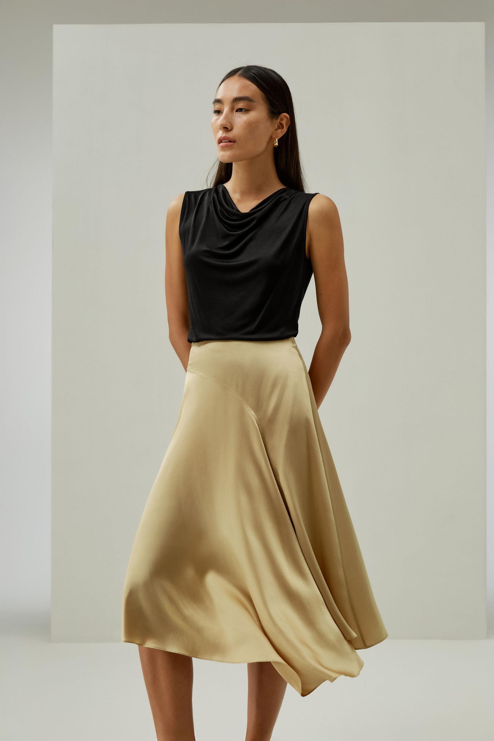 LILYSILK Women's Asymmetrical Silk Skirt, Cherry Red, Size 6, Elegant Flared Hem, Calf-Length, Side Zipper Product Image