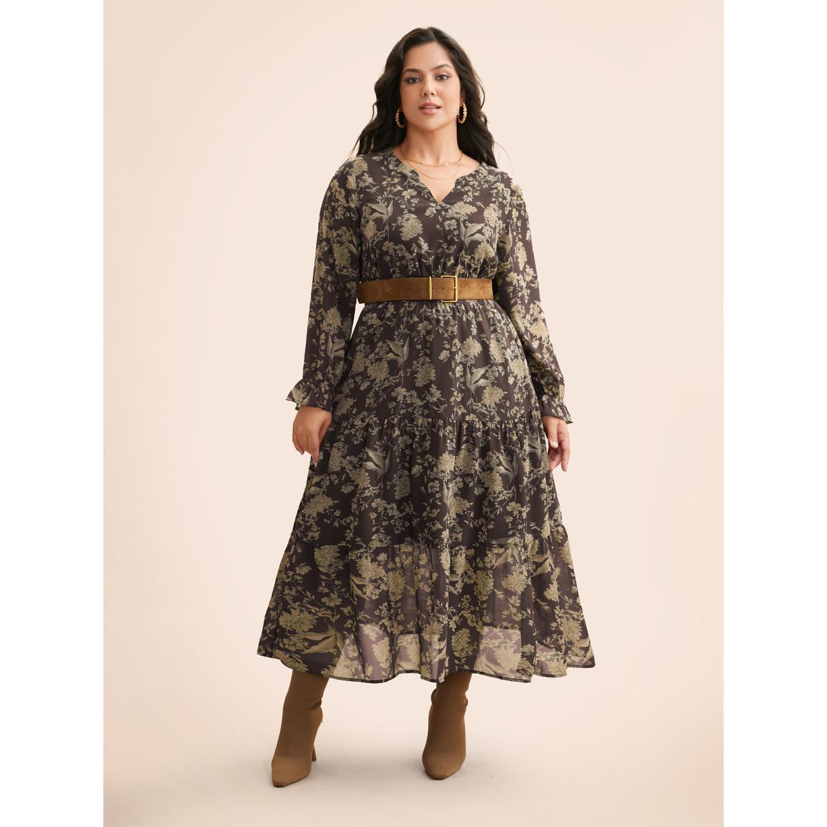 Plus Size Floral Shirred Ruffles See Through Dress ArmyGreen Women Elegant See through Flat collar with V-notch Long Sleeve Curvy BloomChic 30/6X Product Image