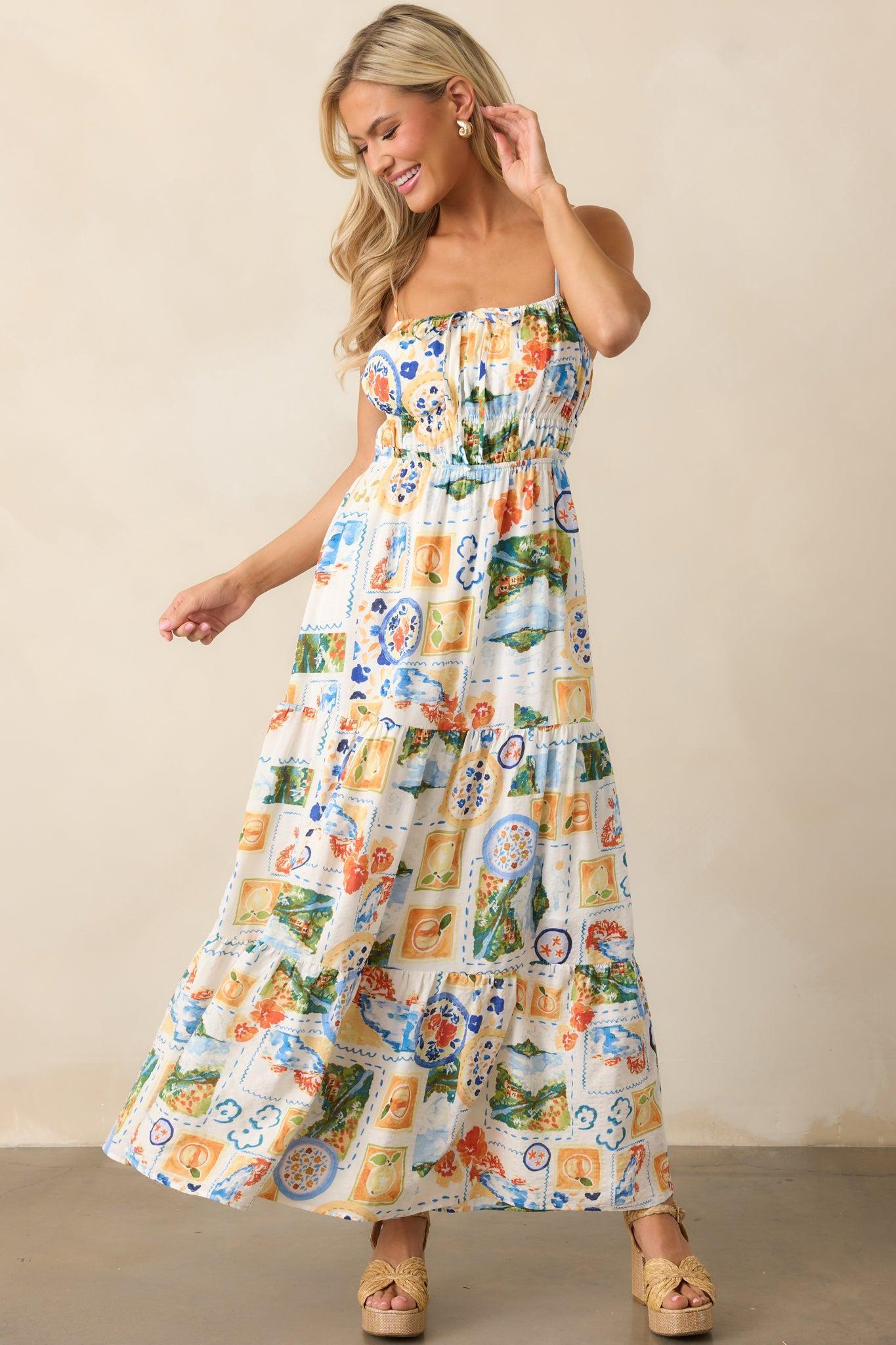 Salt Breeze Blue Multi Watercolor Print Maxi Dress Product Image