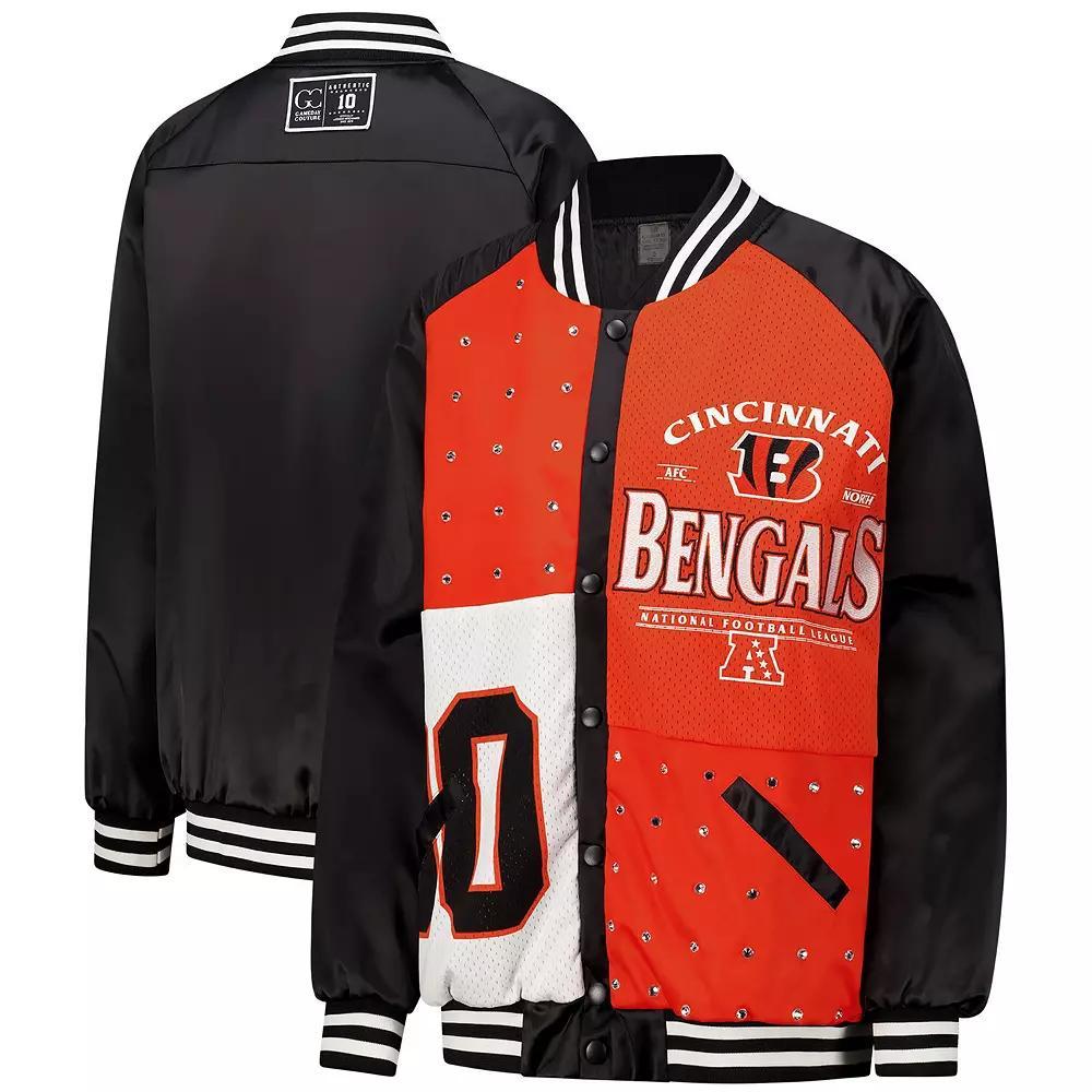 Womens Gameday Couture /Orange Cincinnati Bengals Oversized Hot Shot Rhinestone Throwback Full-Snap Varsity Bomber Jacket Product Image