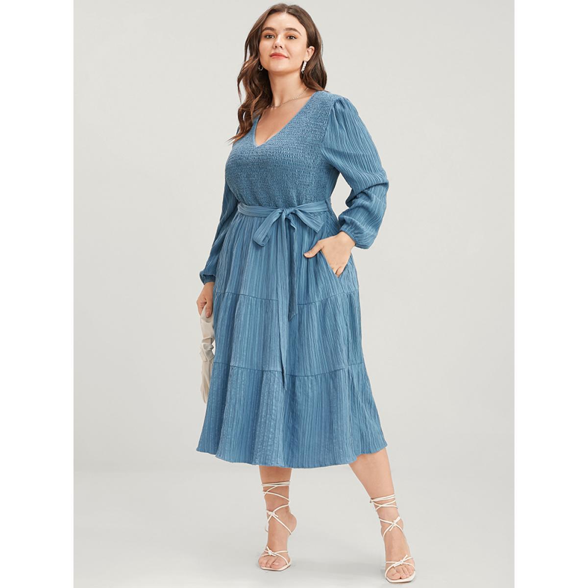 Plus Size Solid Textured V Neck Pocket Shirred Belted Flutter Dress Aegean Women Elegant Tiered V-neck Long Sleeve Curvy Midi Dress BloomChic 10/M Product Image