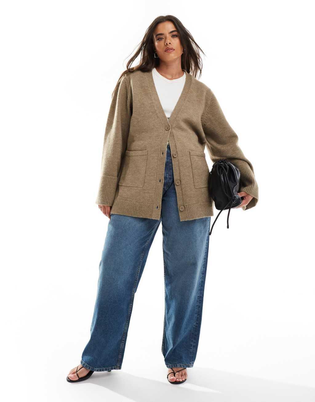 Pretty Lavish Curve chunky cuff knit cardigan in taupe Product Image