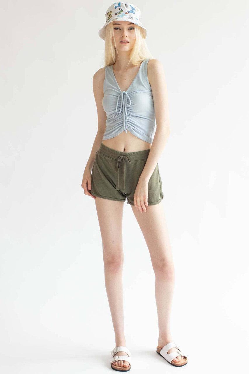 Blue Ruched Tie V Neck Tank Product Image