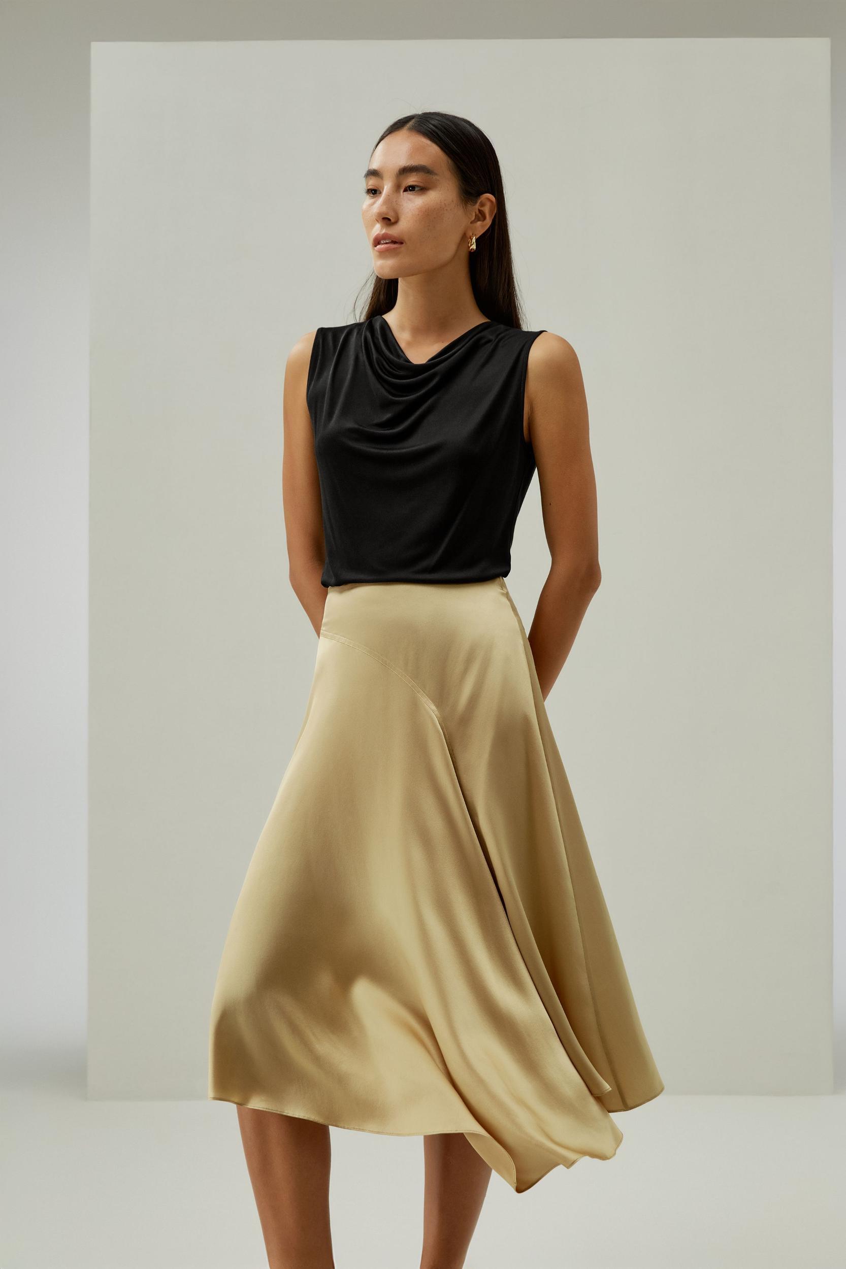 LILYSILK Women's Asymmetrical Silk Skirt, Cherry Red, Size 6, Elegant Flared Hem, Calf-Length, Side Zipper Product Image