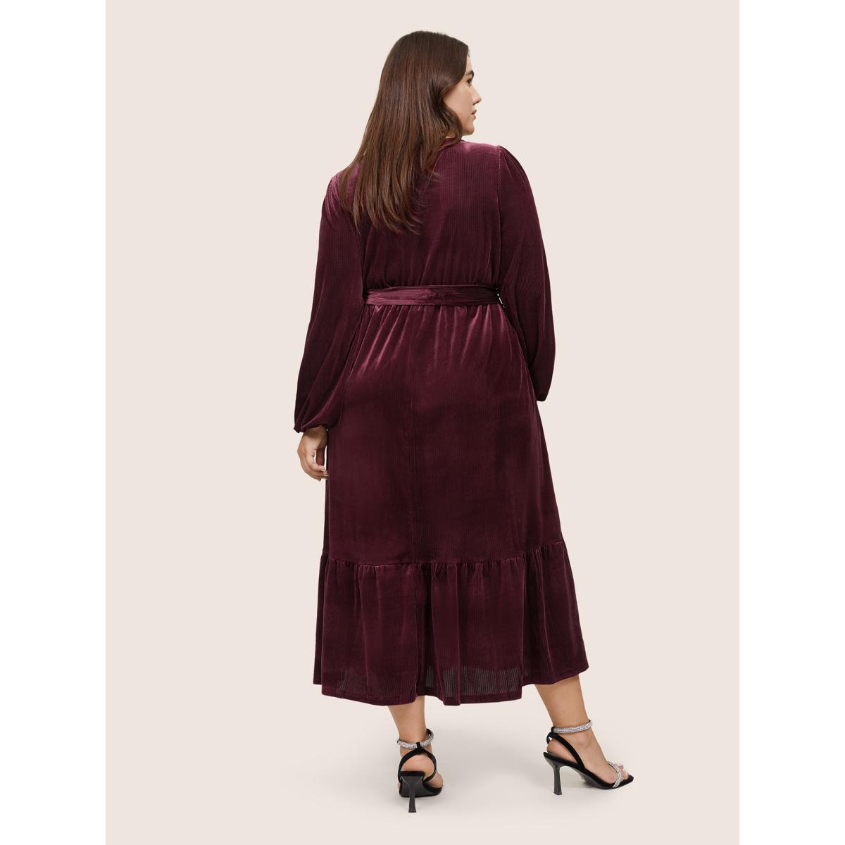 Plus Size Velvet Belted Square Neck Gathered Dress Russet Women Glamour Velvet Square Neck Long Sleeve Curvy Midi Dress BloomChic 14-16/1X Product Image